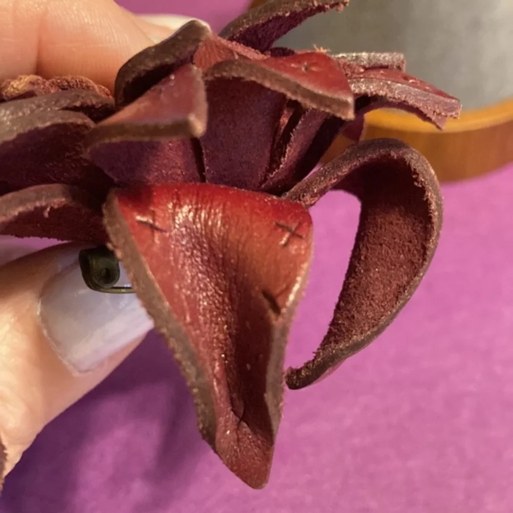 NWOT burgundy tooled leather layered petaled floral brooch